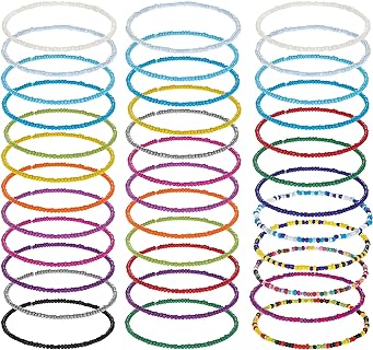 Hicarer 36 Pieces Beaded Anklets for Women, Beaded Ankle Bracelets Handmade Beaded Anklets Boho Colorful Beads Foot Chain Elastic Summer Foot Jewelry Set for Women Girls Christmas Decor