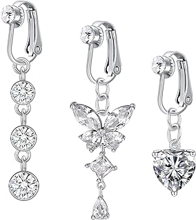 Clip-On Stainless Steel Belly Button Rings, Faux Diamond Snake Dangle Design, Non-Piercing for Stylish Fashionistas, Doubles as Earrings