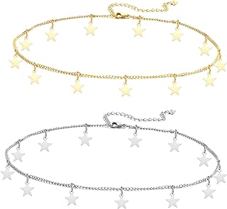 Long tiantian Gold Star Choker Necklace for Women Moon Necklace Teen Girl Stuff Necklaces for Women Trendy Aesthetic Stuff Stocking Stuffers Teens