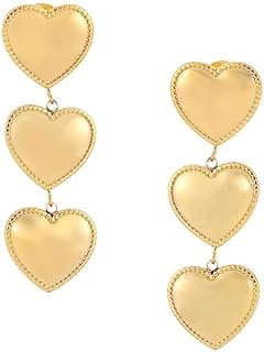 Stainless Steel Gold Double Heart Dangle Earrings, Push Back Design for Women and Girls