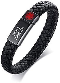 VNOX Medical Bracelet for Men - Genuine Leather Stainless Steel Medical Alert ID Cuff Bangle Bracelet for Men Women,8.3"