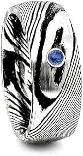 Damascus Steel Men's Wedding Bands with Blue Sapphire Stone, Mens Engagement Rings, Men's Rings, Classic, One of a kind Ring, Minimalist, 8mm