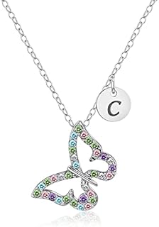 Cubic Zirconia Crystal Butterfly Pendant Necklace with Cable Chain - Personalized Initial for Girls - Silver Plated Zinc