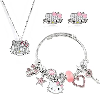 3-Piece Stainless Steel Cat Jewelry Set - Hello Kitty Necklace, Earrings & Bracelet - Adjustable Design - Ideal Girls' Birthday or Women's Gift