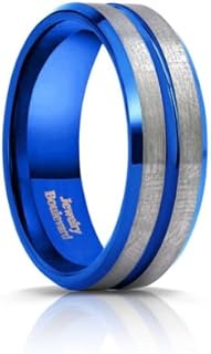 8mm Blue Plated Tungsten Carbide Bevelled Edges Wedding Mens Band Rings Brushed Finish Comfort Fit