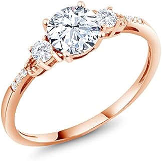 Gem Stone King 10K Rose Gold 6MM Round Gemstone Birthstone White Created Sapphire and White Diamond Accent 3-Stone Engagement Ring | Three-Stone Wedding Anniversary Promise Ring For Women