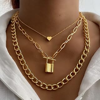 Women's Layered Boho Choker with Heart Lock Pendant & Cuban Link Chain by Xerling – Gold Alloy Chunky Necklace