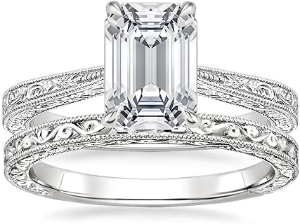 Prong-Set Red Diamond Wedding Ring | Sterling Silver Chain Type | Moissanite 2-Carat Emerald Cut Gem | Enchanting Hand-Engraved Milgrain Design | Romantic Gift for Women, Her