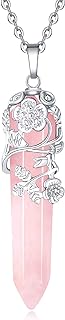 Buckle Clasp Rose Quartz Pendant Necklace with Link Chain, Healing Crystal or Gemless, for Women, Flower Wrapped Design