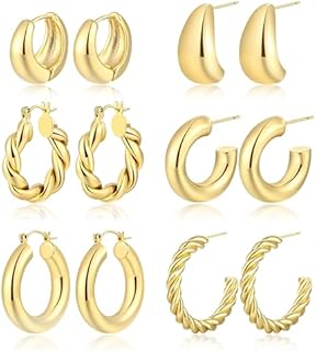 6 Pairs Gold Chunky Hoop Earrings for Women/Girl | 14K Gold Plated Lightweight Twisted Thick Open Hoop Set for Gift