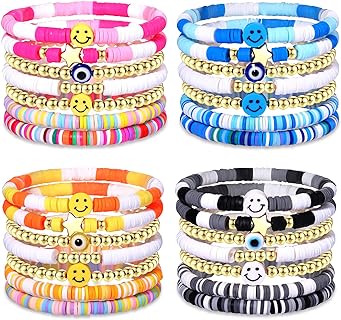 28-30Pcs Heishi Surfer Bracelets Set Colorful Preppy Evil Eye Star Beaded Stretch Bracelets Clay Stackable Boho Disc Bracelets Y2k Aesthetic Summer Beach Jewelry for Women Teens