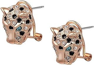 Animal Leopard Panther Jaguar Cheetah Clear and Black Cubic Zirconia Spot Dos Gold Plated Leverback Stud Earrings Fashion Jewelry for Women (Rose Gold Plated)