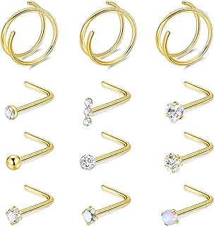 12 Piece Set of Double Hoop 20G G23 Hypoallergenic Titanium Nose Rings with Cubic-zirconia for Men and Women, L-Shaped Design for Comfort, Suitable for Sensitive Skin