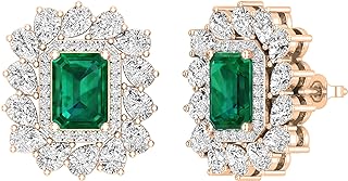 Exquisite 14K Rose Gold Emerald and Diamond Stud Earrings with Screw Back Design, Features Lab-Created Emerald and Natural Diamond Gemstones for Women