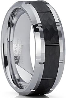 Comfort Fit Men's Hammered Titanium Wedding Ring with Black Grooved Design, Size 7, 0.31" Wide, Tungsten Carbide Material