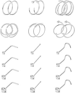 24PCS 22G 316L Stainless Steel Nose Rings Hoop for Women Men Nose Studs CZ Cartilage Helix Tragus Piercing Jewelry