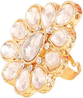 Touchstone NEW Indian Bollywood Traditional Classic Royal Rajwada Pretty Pear Shape Kundan Look Adjustable Designer Wedding Jewelry Cocktail Finger Ring In Gold Tone For Women.