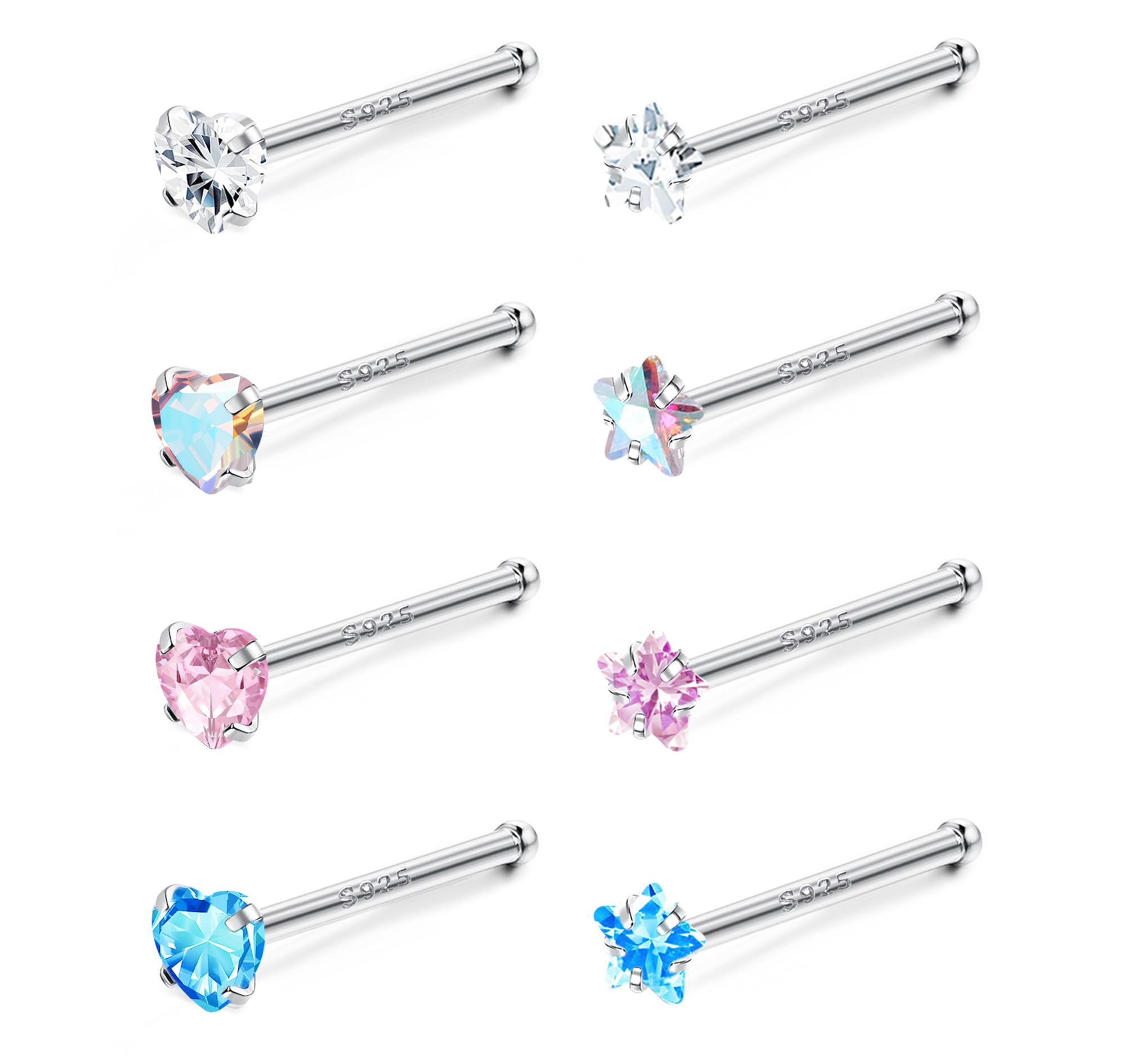 ZELORES 8Pcs 20G Sterling Silver Nose Studs Multi Color Star Heart Square Round Shaped CZ Nose Rings For Women 3mm Nose Rings Studs Set Nose Piercing Jewelry