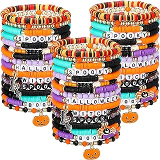 Siifert's 48-Piece Versatile Halloween Bead Bracelet Set, Durable Polymer Clay Bead Stretch Bracelet, Gold & Crystal Accents, Festive Pumpkin Design for Women and Girls, Ideal for Holiday Celebrations