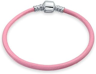 Bling Jewelry Unisex Simple Black Pink Red Genuine Leather Bracelet For European Bead Charms for Women Teens .925 Sterling Silver Round Barrel Clasp 6-9 Inch
