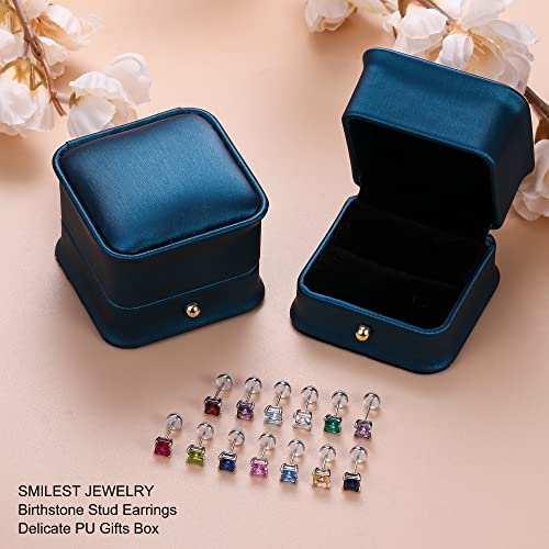 Princess Cut Birthstone Earrings for Women Mom, Genuine or Created Sparkle Birthstone Jewelry 18K White Gold Plated S925 Sterling Silver Solitaire Birthstone Stud Earrings for Women Mom Birthday Gifts