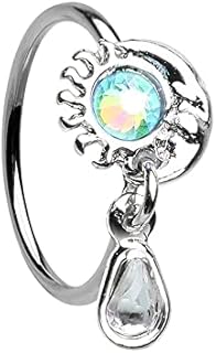 Pierced Owl 20GA Stainless Steel Aqua Sun and Crescent Moon with Dangling Gem Bendable Nose Ring