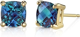 Peora 14K Yellow Gold Created Alexandrite Stud Earrings for Women, Color-Changing Classic Solitaire, 2.50 Carats total Cushion Cut, Friction Back