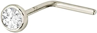 Solid 14Kt White/Yellow Gold Bezel Set Moissanite L-SHAPE Nose Stud - 22G L-bend Nose Stud - April Birthstone Nose Ring Stud