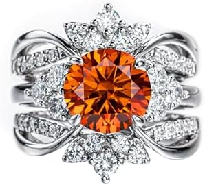 Fancy Vivid Orange Red Moissanite Wedding Band Ring Set for Women Moissanite Engagement Rings Wrap Guard Enhancers 4.2cttw Lab Created Diamond Anniversary Bridal Sets (size-7)