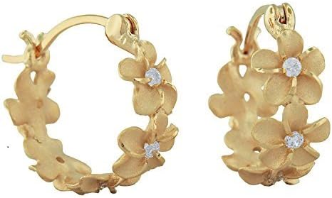 Sophisticated Hawaiian Sterling Silver Plumeria Hoop Earrings with Secure Click-Top & Sparkling Cubic Zirconia - Yellow-Gold-Plated Design in Elegant Black Box