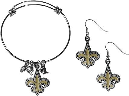 Siskiyou NFL Women's Hypoallergenic Steel Charm Bangle Bracelet & Dangle Earrings Set with Football, Helmet, #1 charms - Adjustable Wire Bracelet - For Sports Fans