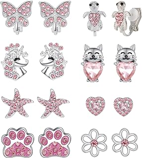 8 Pairs Clip on/Pierced Earrings for Girls Hypoallergenic Cute Clip-on Earrings Unicorn Butterfly Turtle CZ Clip Stud Earrings Pink Gift