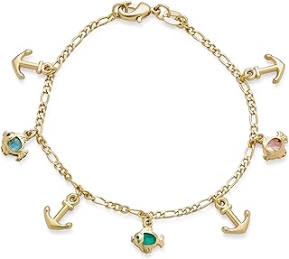 Tropical Vacation Honeymoon Jewelry Nautical Anchor Fish Stars & Dolphin Dangle Charm Bracelet For Women Teen 14K Gold Plated Brass