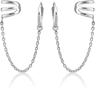 WithLoveSilver 925 Sterling Silver 3 Lines Wire Ear Cuff With Hoop Earrings
