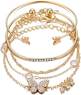 Caiyao Layered Stacking Link Chain Butterfly Honeycomb Bracelet Bangle Set Bohemian Paperclip Rhinestone Bead for Women Girl Teen Teen 14K Gold Plated Animal Jewelry