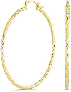 18K Gold-Plated Brass Creole Twisted Cable Hoop Earrings with Post Snap Down Back Finding for Women and Teen, Large 2 Inch Diameter, Lightweight Design