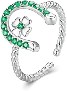 CZ Horseshoe 925 Sterling Silver Ring for Women Girls Love U Clover Flower Adjustable Twisted Open Band Finger Rings Comfort Fit Fashion Cute Green Crystal Jewelry Gift for Birthday Christmas St.