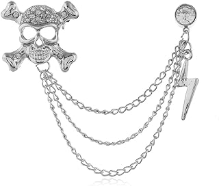 Punk Gothic Skull Long Chain Brooch,Skull Skeleton Flash Tassel Lapel Pins for Women,Suit Coat Breastpin Costume Accessories