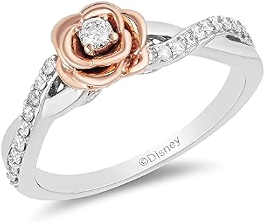Enchanted Disney Belle Wedding Ring in Sterling Silver and 10K Rose Gold with White Diamond Gems for Women, Rose Design