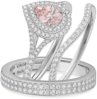 4 CT Simulated Peach Morganite and White Moissanite Pear Engagement Ring, 14K White Gold Plated Split Shank Trio Wedding Set, Sterling Silver