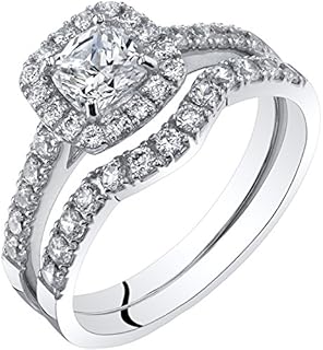 PEORA 14K White Gold Cushion Cut Engagement Ring and Wedding Band Bridal Set for Women, F-G Color, VVS Clarity, Sizes 4-10