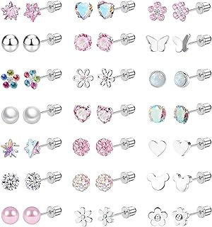 Staligue 21 Pairs Hypoallergenic Screw Back Earrings for Girls Women Surgiacl Steel Tiny Cartilage Earrings Studs Heart CZ Flower Pearl Ball Star 20G Screwback Flat Back Earrings Set