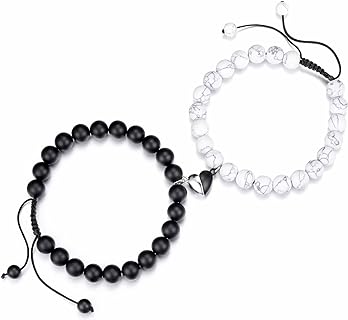 Jovivi Couples Love Connection Bracelets with Braided Bead Chain - 8mm Matte Agate & Howlite Stone, Heart Charm Design - Adjustable, No Clasp - Ideal Friendship Gift