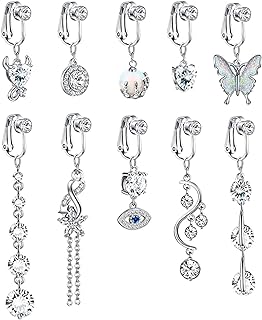 Clip-On Faux Belly Button Rings for Women by NICEIGHT| Featuring Opal, Evil eye, CZ Heart & Butterfly Designs | Non-Piercing Navel Rings - Pack of 10