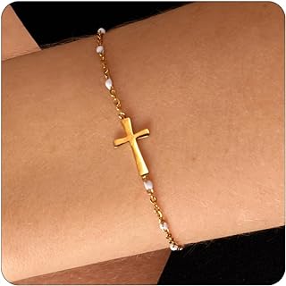 Lobster Claw Clasp 18K Gold Plated Bead Cross Bracelet - Cable Chain Link Bracelet for Women and Girls - Stainless Steel Faith Jewelry