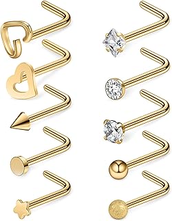 Ruifan 20G Surgical Steel Heart Star Flat Ball Clear Diamond CZ Nose Stud Rings L Shaped Piercing Jewelry 4-10PCS