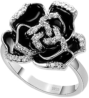 Black Enamel Rose Flower Cubic Zirconia Statement Rings for Women Girls Dainty Crystal Camellia Flowers Engagement Wedding Finger Ring Xmas Valentine's Day Jewelry Gifts Girlfriend BFF