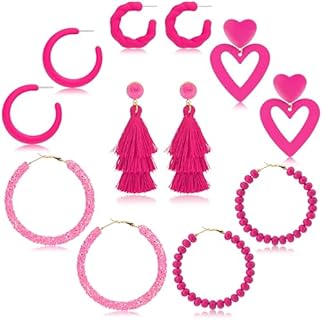Hot Pink Earrings for women, 6 Style Boho Earrings Set, Include Love Heart/ Tassel/ Beaded/ Chunky/ Rope/ Glitter Sequins Earrings, Must Haves Pink Accessories Gifts for Women, Jewelry Gifts for Her Women Girls
