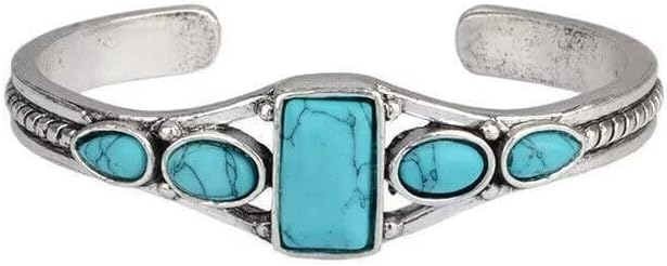 Bohemian Turquoise Bracelet Natural Stone Turquoise Engraved Cuff Adjustable Vintage Delicate Bangle Western National Style For Women Girls Boho Fashion Jewelry Gift