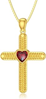 Gold Plated Sterling Silver Red Cubic Zirconia Heart Pendant Necklace with Cable Chain for Women - Elegant Heart Cross Design